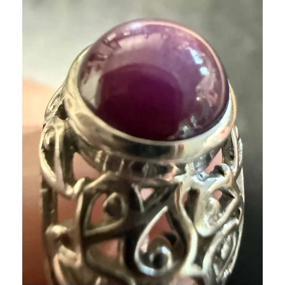 Vintage KNR 925 Sterling Silver India Red Cabochon Gemstone Ring Size 5